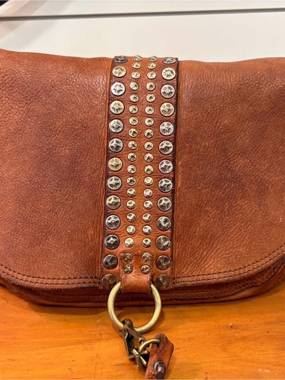 Campomaggi Genuine Italian Leather Studded Shoulder & Crossbody Bag - Cognac